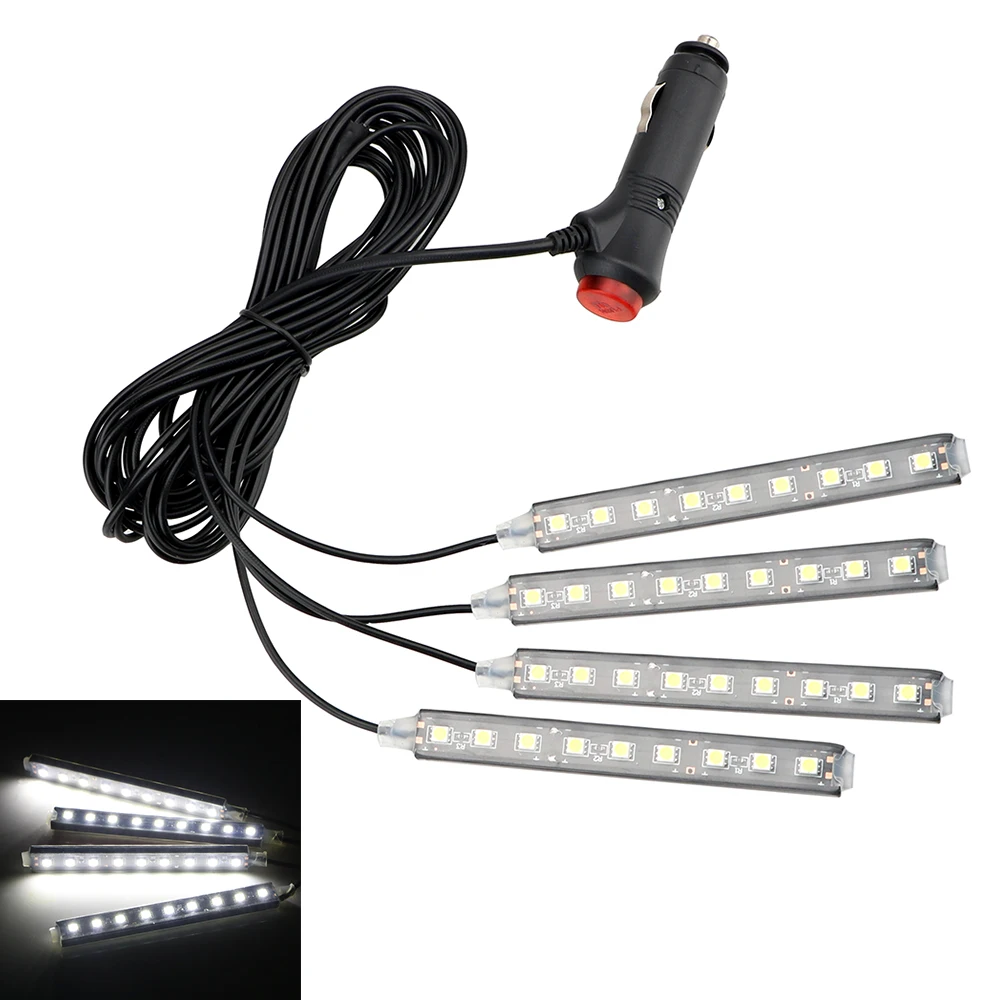 Dash Floor Foot Strip Lights 9 LED 4 In 1 Car Interior Atmosphere Lights Cigarette Lighter Adapter Auto Decorative Lamp