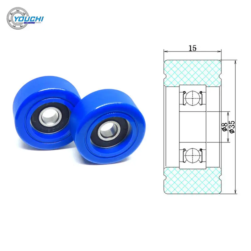 2 sztuk 8x35x15mm powlekane PU rolki z 608RS łożyska PU60835-15 miękkie gumowe łożyska OD 35 mm poliuretan ciche kółka koła pasowe