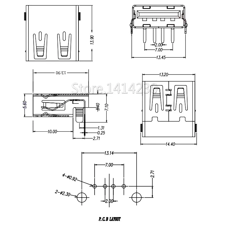 10Pcs USB Type A Standard Port Female Solder Jacks Connector PCB Socket USB-A type 90 Degrees Rimless