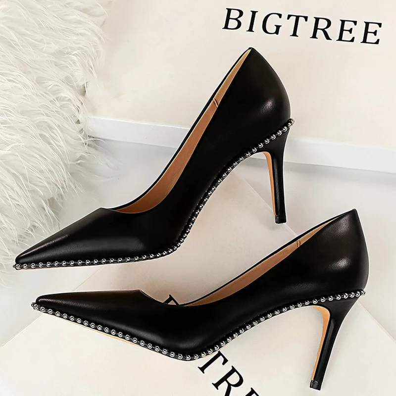 BIGTREE Schuhe Sexy Nieten String Bead Frauen Pumpen Pu Leder Schuhe High Heels Frauen Büro Schuhe Stiletto Damen Plus Größe 43