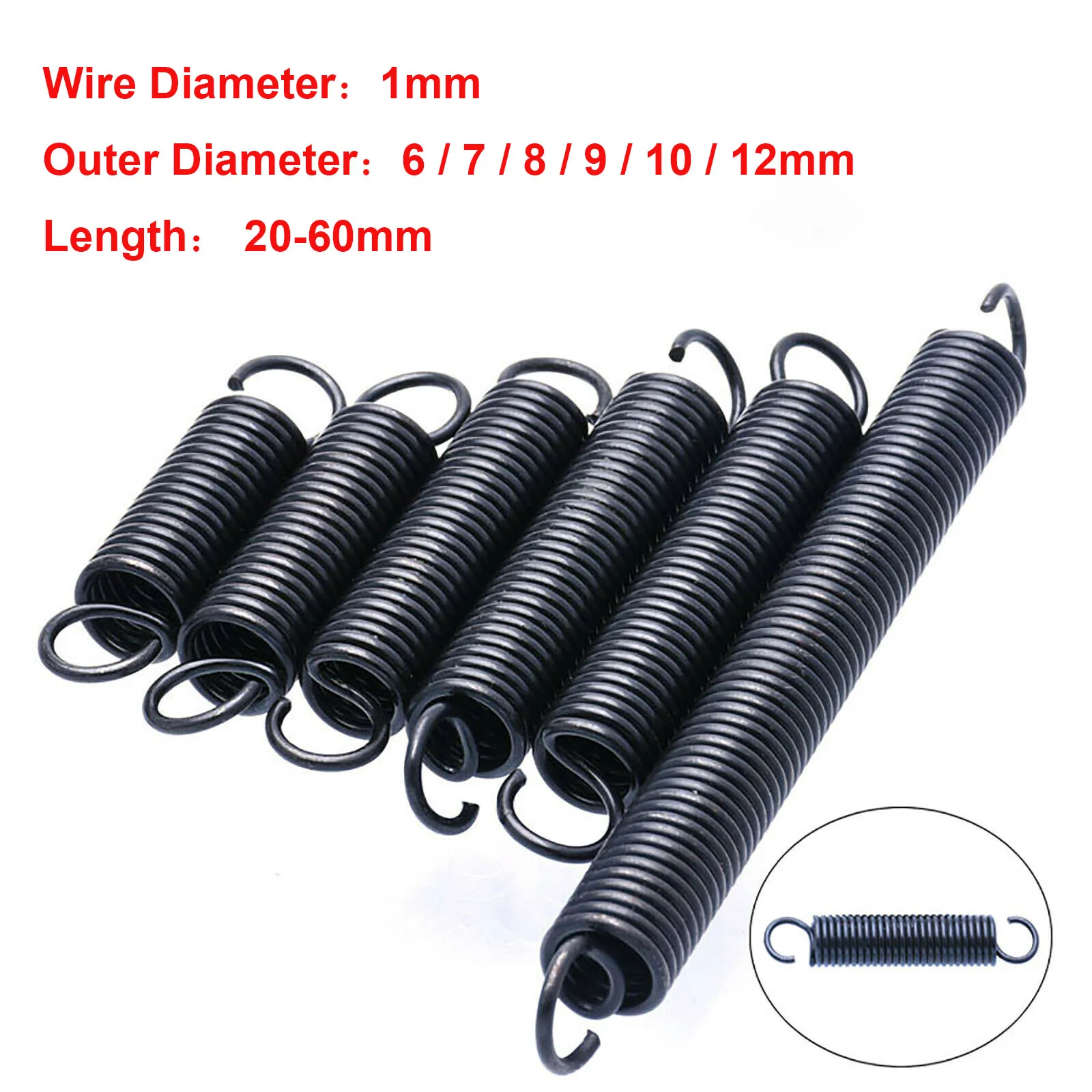 5Pcs 1mm Wire Diameter Tension Spring With Open Hook Extension Spring Pullback Spring Outer Diameter 6-12mm Length 20-60mm