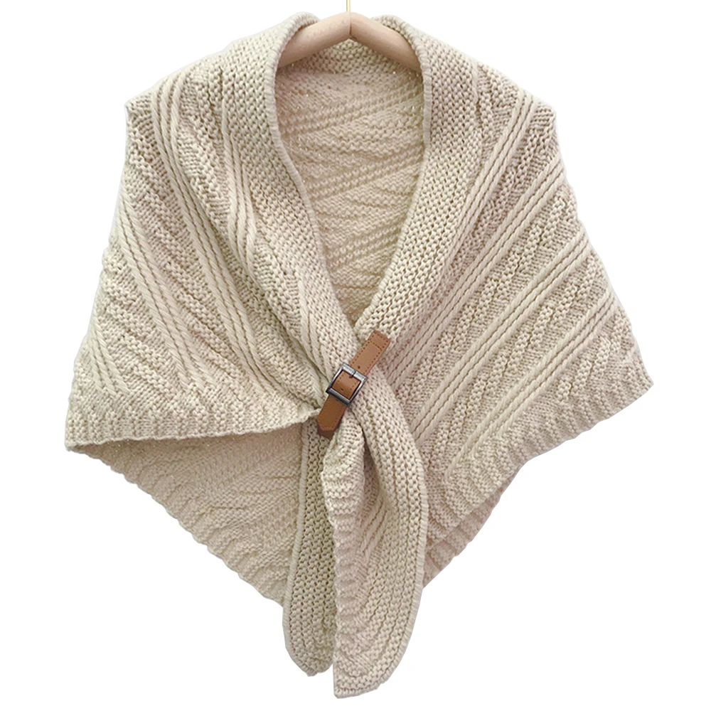 Large Solid Triangle Scarf Ponchos Women Winter Knitted Capes Tippet Office Warm Shawl Wraps Belt-Lock Shrug Szalik Zimowy Stole