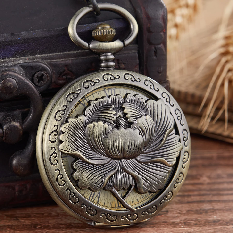 Hollow Flower Engrave Mechanical Pocket Watch Elegant Flip Case Fob Chain Clock Hand-Winding Vintage Watches for Men Women Gifts