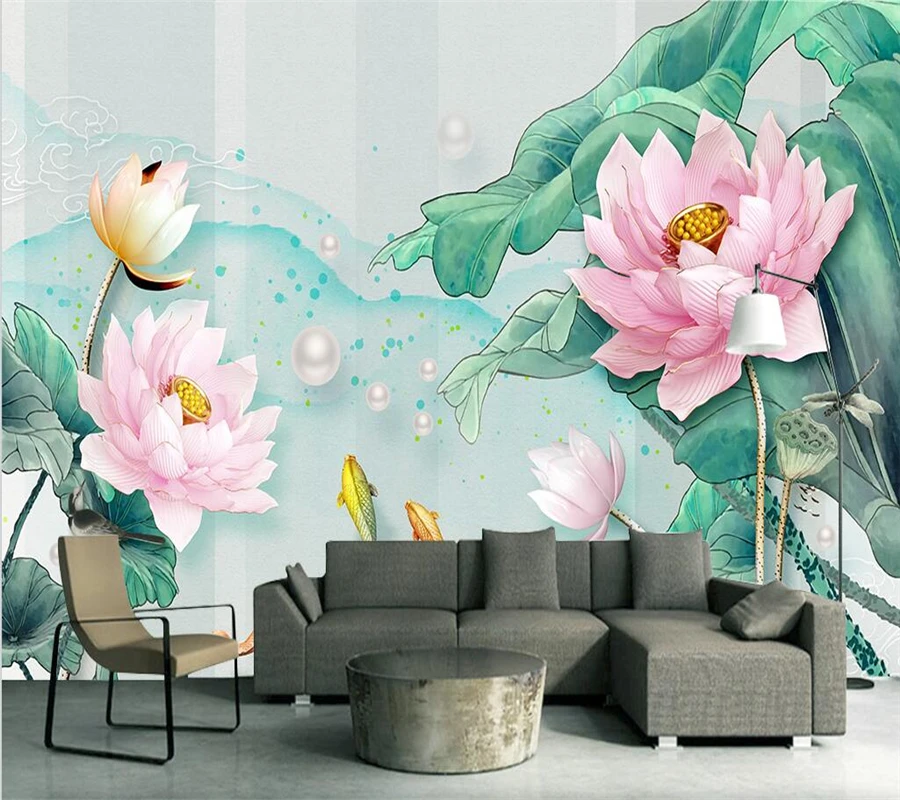 Custom wallpaper 3D three-dimensional relief lotus mural fresh watercolor lotus leaf living room bedroom TV background wall обои