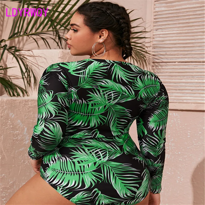 LDYRWQY  2021 new European and American fashion long-sleeved printed zipper plus size conservative one-piece bikini swimsuit