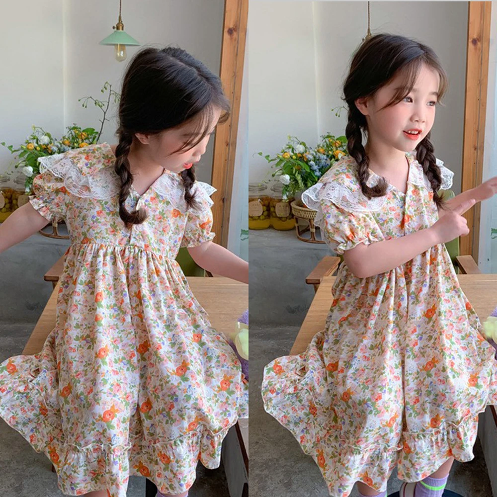 2021 New Summer Girls Dress Kids Baby Girl Clothes Elegant Cream Floral Lace Doll Collar Princess Dresses Children Clothing 2-8Y