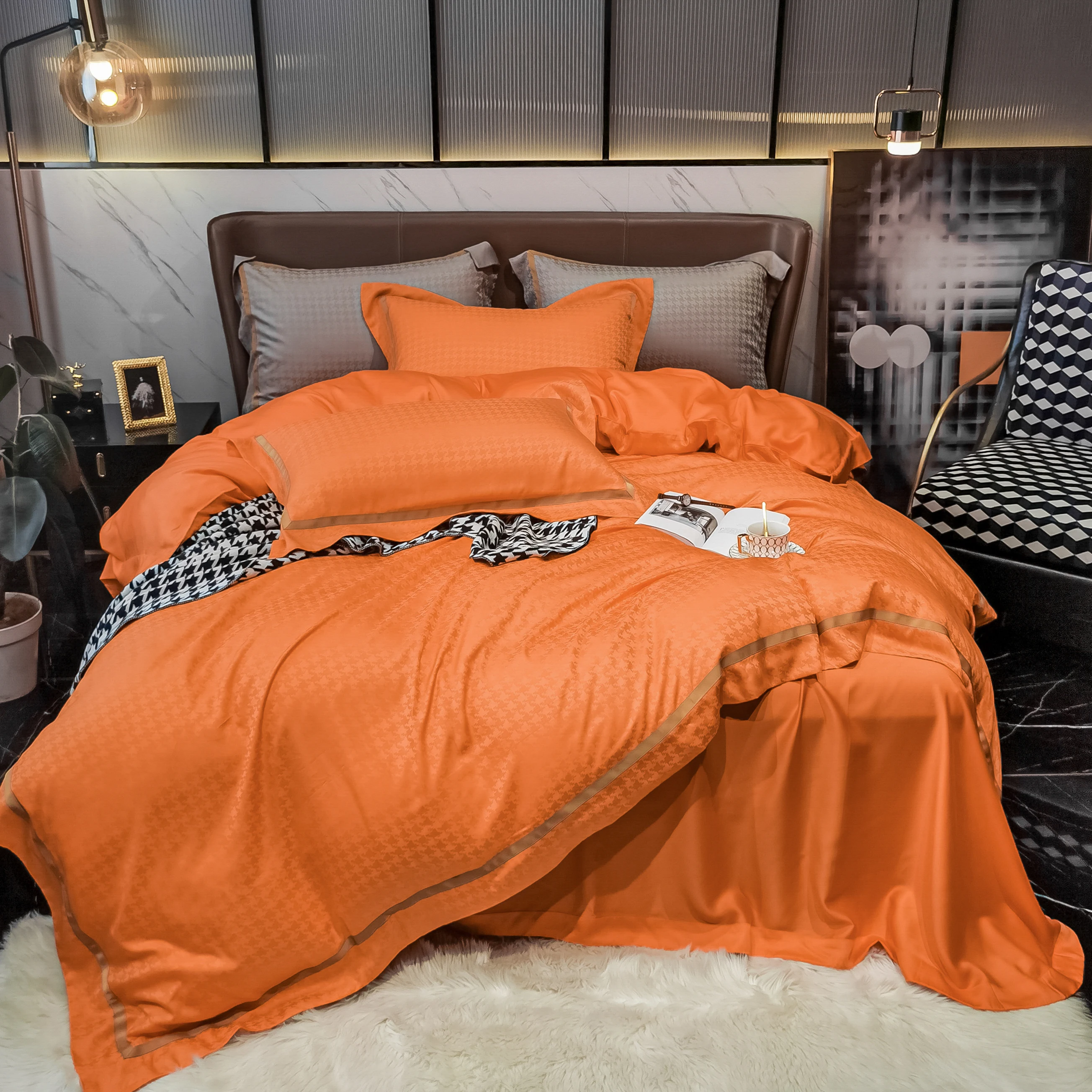

2021 Four-piece bedding simple cotton double household bed sheet quilt cover embroidered twill comfortable bedding orange color