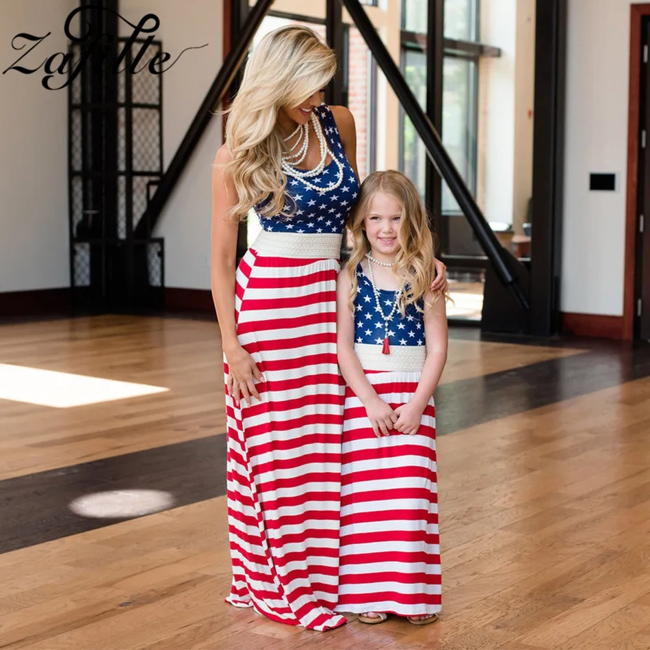 ZAFILLE Mother Kids Clothes Summer 4th of July Kids Girls Outfits Family Look Mom and Daughter Dress Independance Day Costume