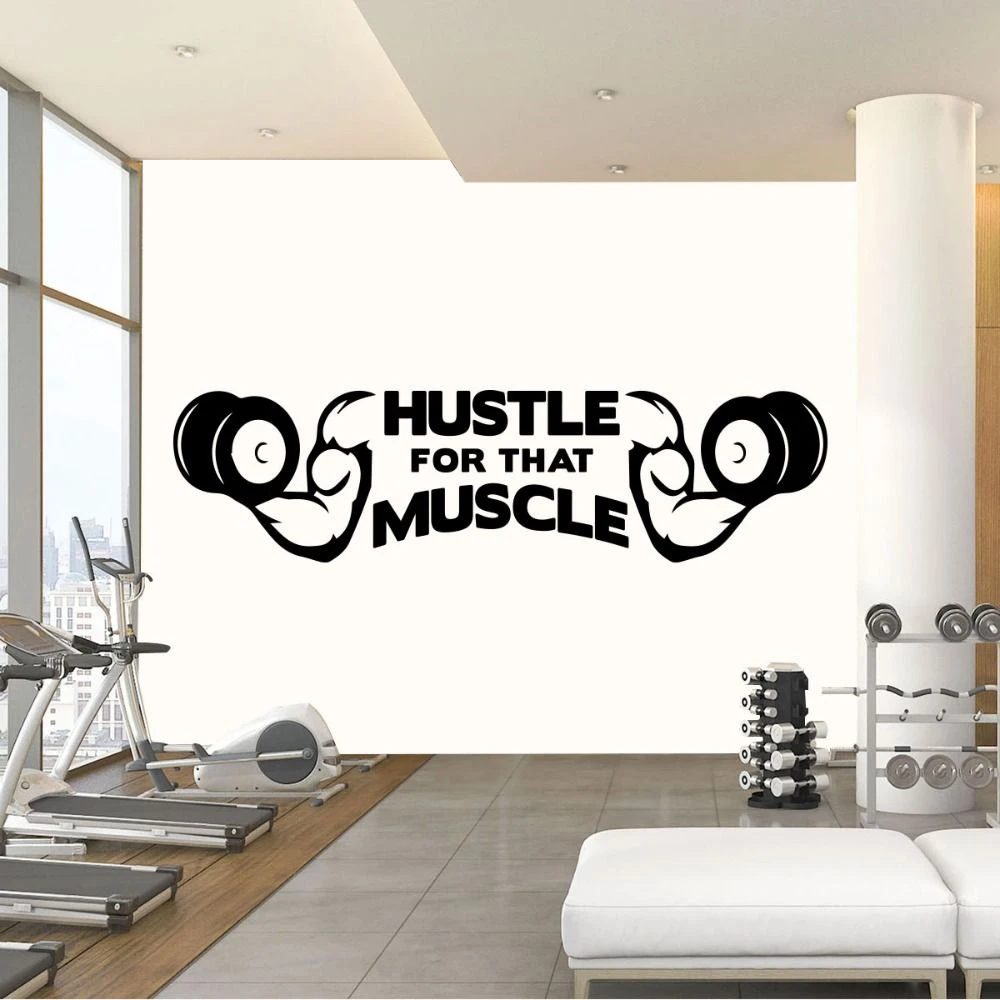 Hustle For That Muscle Home Gym Vinyl Wall Sticker, Home Wallpaper Fitness Motivational Quote Wall Posters