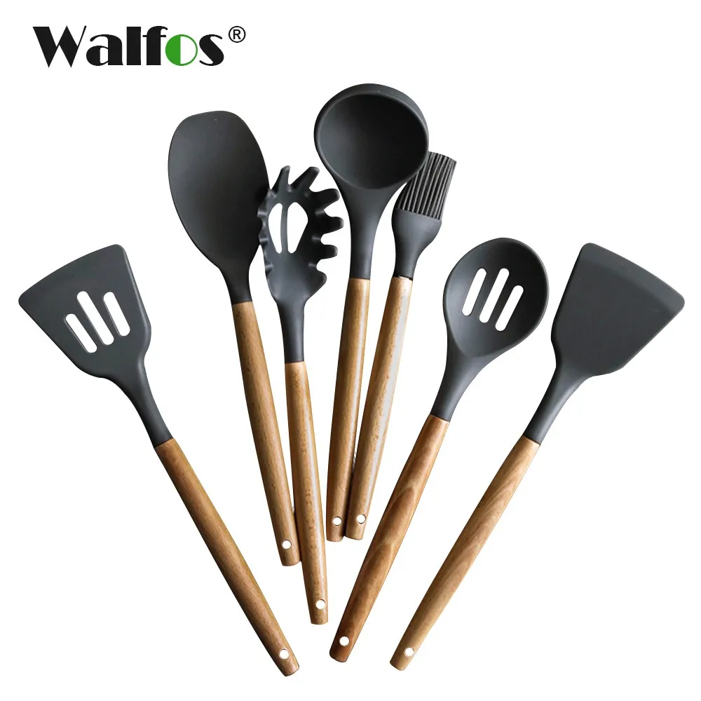 WALFOS Food Grade Silicone Wood Handle Cooking Utensils Cookware Kitchen Cooking Tools Spatula And Ladle Kitchenware