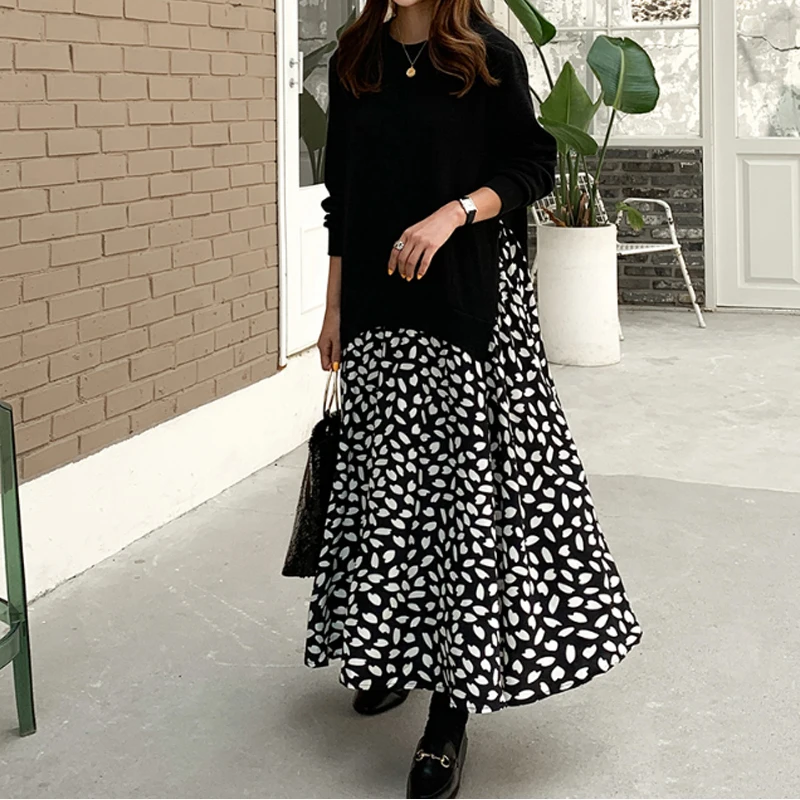 2023 Autumn Women Dress Plus Size 5XL Ladies Vestidos Long Sleeve T-Shirt Dress Patchwork Dress Cotton Print Robe Fake Two Piece