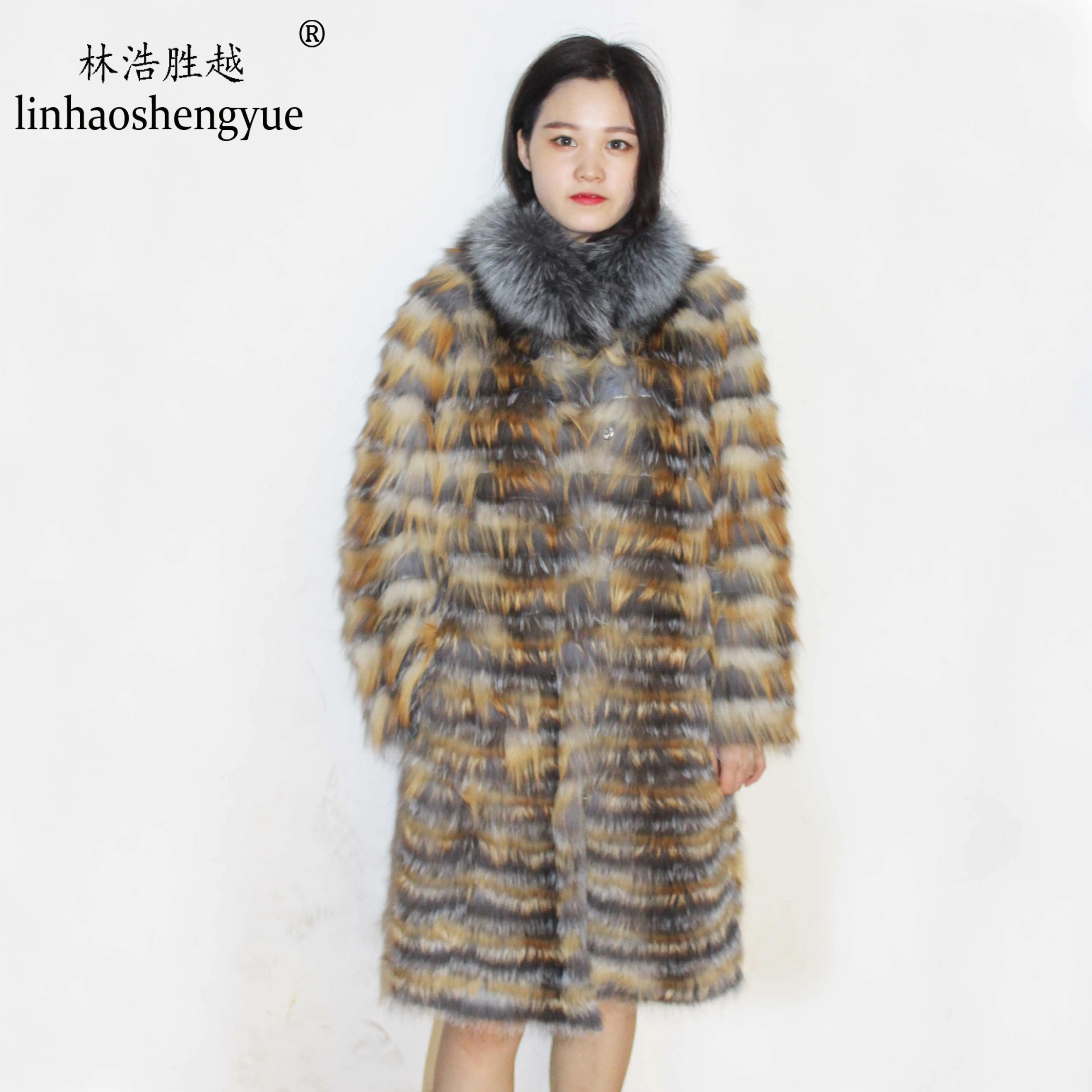 Linhaoshengyue-Long Fox Fur Coat, Wool Knit Liner, Stylish Stand Collar, 2020 New Hot