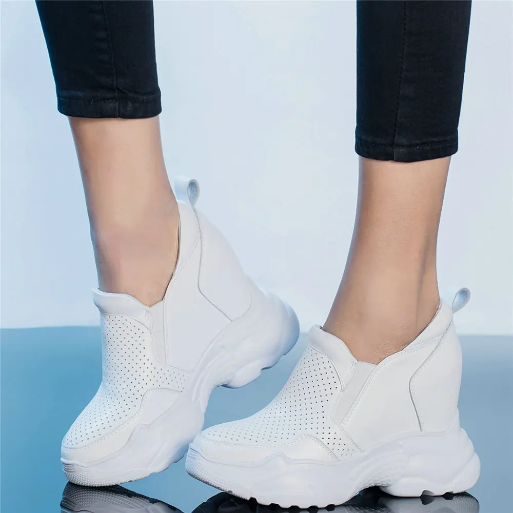 

2023 Fashion Sneakers Women Breathable Genuine Leather Wedges High Heel Ankle Boots Female Round Toe Platform Pumps Casual Shoes