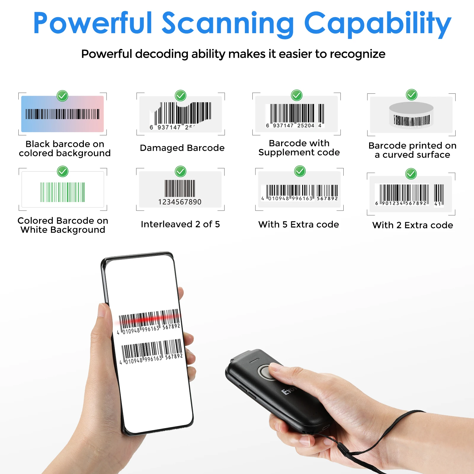 Eyoyo Mini 1D Barcode Scanner Bluetooth & 2.4GHz Wireless & Wired Connection Portable Bar code Reader For Windows/Phones/Tablets