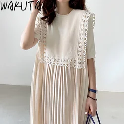 WAKUTA French New Women Vintage Loose Long Dress 2024 Summer Hollow Out Pleated Dresdes Fashion Korean Womens Clothes Elegant