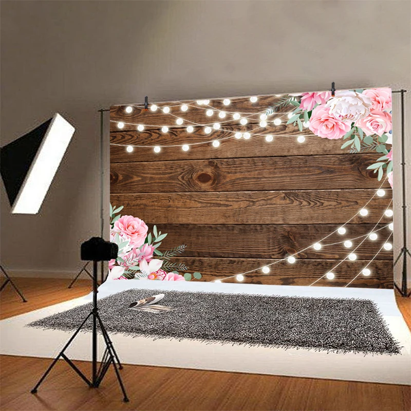 Rustikalen Floral Holz Hintergrund Für Baby Dusche Shiny Licht Braut Hochzeit Party Fotografie Hintergrund Foto Studio Requisiten Banner