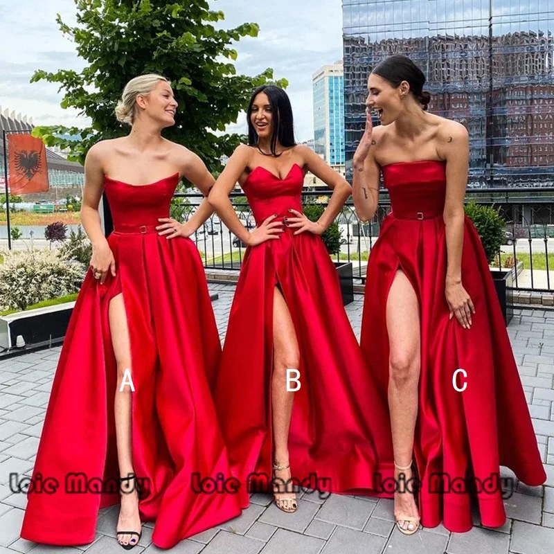 

Chic 3 Styles Red Satin Evening Dresses Long 2022 Formal Night Dress for Women Backless A Line Prom Party Gowns Robes de soiree