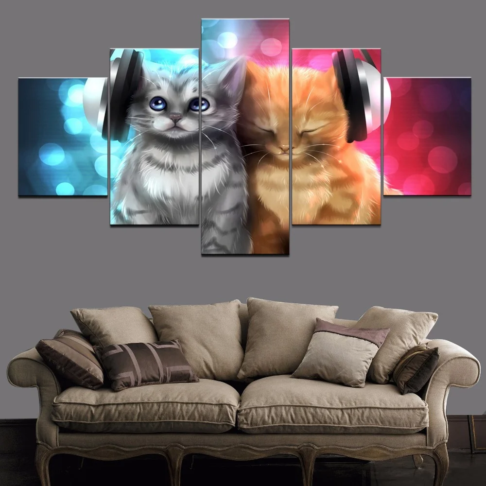 

5 Pieces Wall Art Canvas Painting Cat Music Animal Poster Modern Home Living Room Framework Pictures Modular Decoration