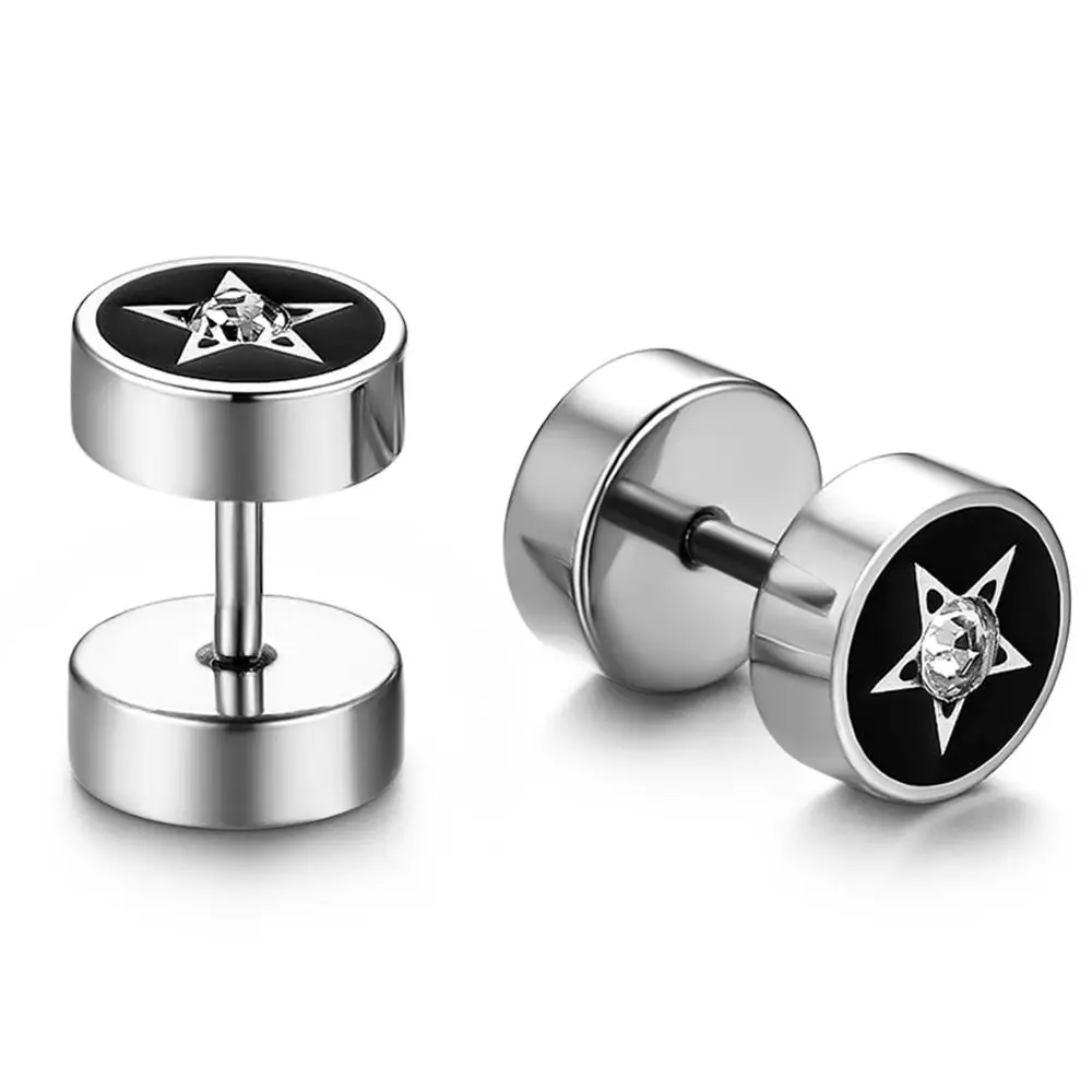 BONISKISS Fashion Punk Pentagram Dumbbell Stainless Steel Earrings For Women Man Gold Color Stud Earrings Jewelry Dropshipping