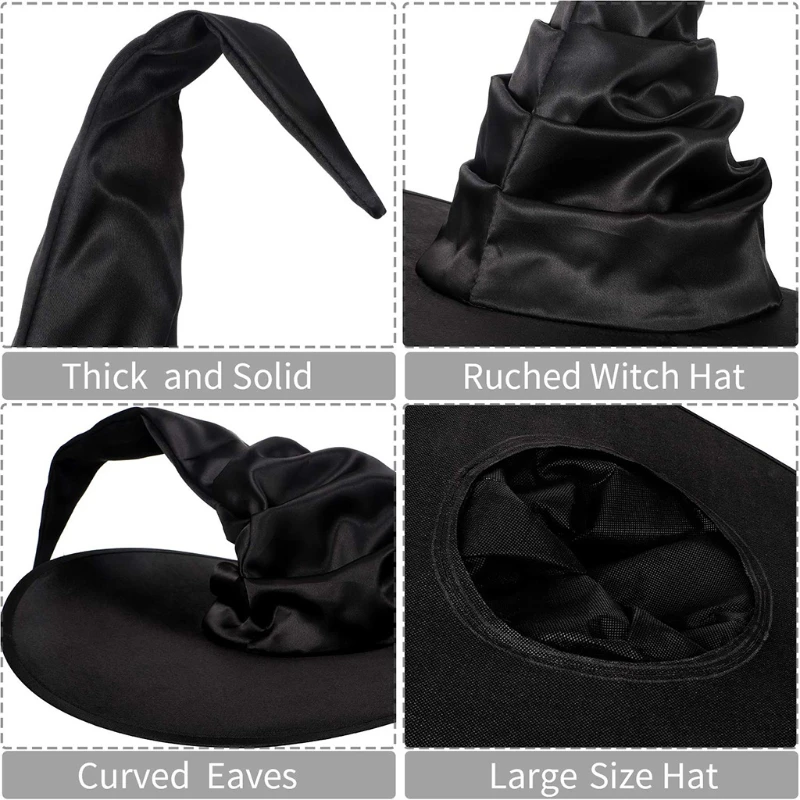 Unisex Halloween Angled Witch Hat Black Folds Wizard Hat Men Women Party Headgear Cosplay Cap Festivals Party Props Decor