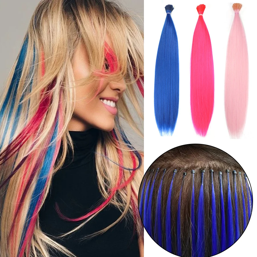 Synthetische Haarfärbemittel Regenbogen Fake Hair Extensions Farbige Kanekalon I-Tip Keratin Fusion für Haarverlängerungssträhnen von Haarteilen