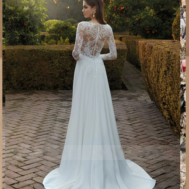 Einfache elegante eine Linie Brautkleider Strand Langarm V-Ausschnitt Langarm Chiffon Illusion zurück Robe de Mariee rustikale Zivil