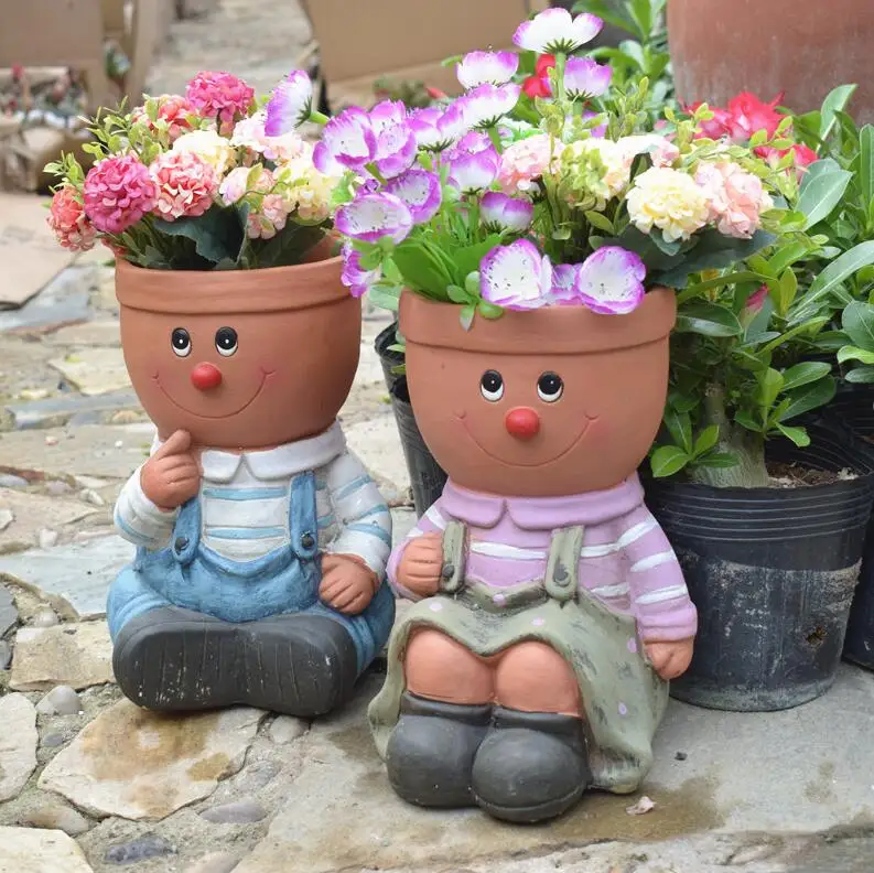 Outdoor Garden Boy Girl Doll Resin Head Cements Flower Pots Ornaments Courtyard Villa Park Figurines Statues Crafts Decor Art