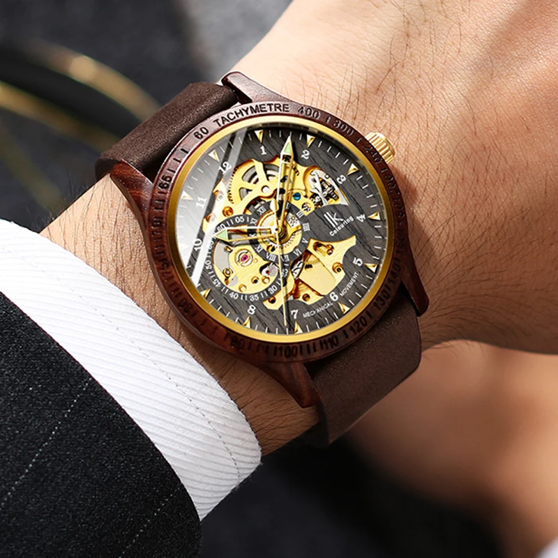 Fashion Creative Brand Men\'s Skeleton Automatic Watches Casual Mechanical Wooden Case Crazy Horse Leather Strap Wood Wristwatch