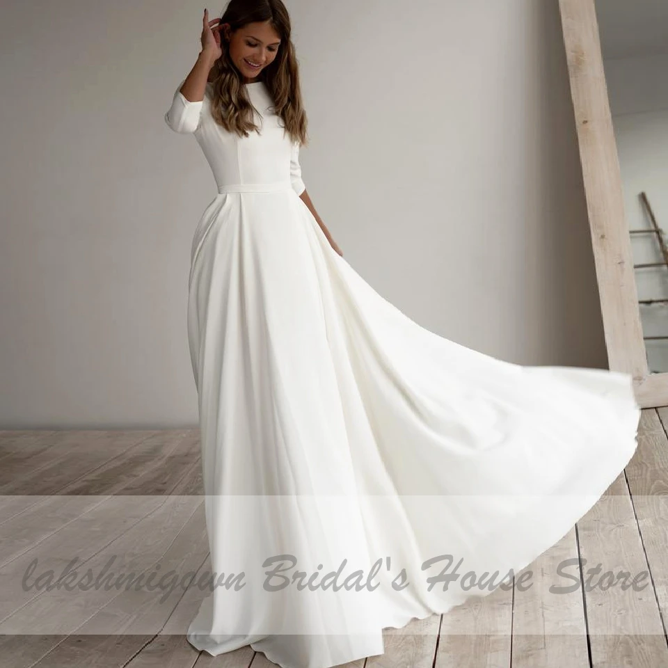 Einfache Satin Hochzeit Kleid EINE Linie 2022 Robe Femme Elegante Braut Kleid 3/4 ärmeln Strand Hochzeit Kleider mit Taschen