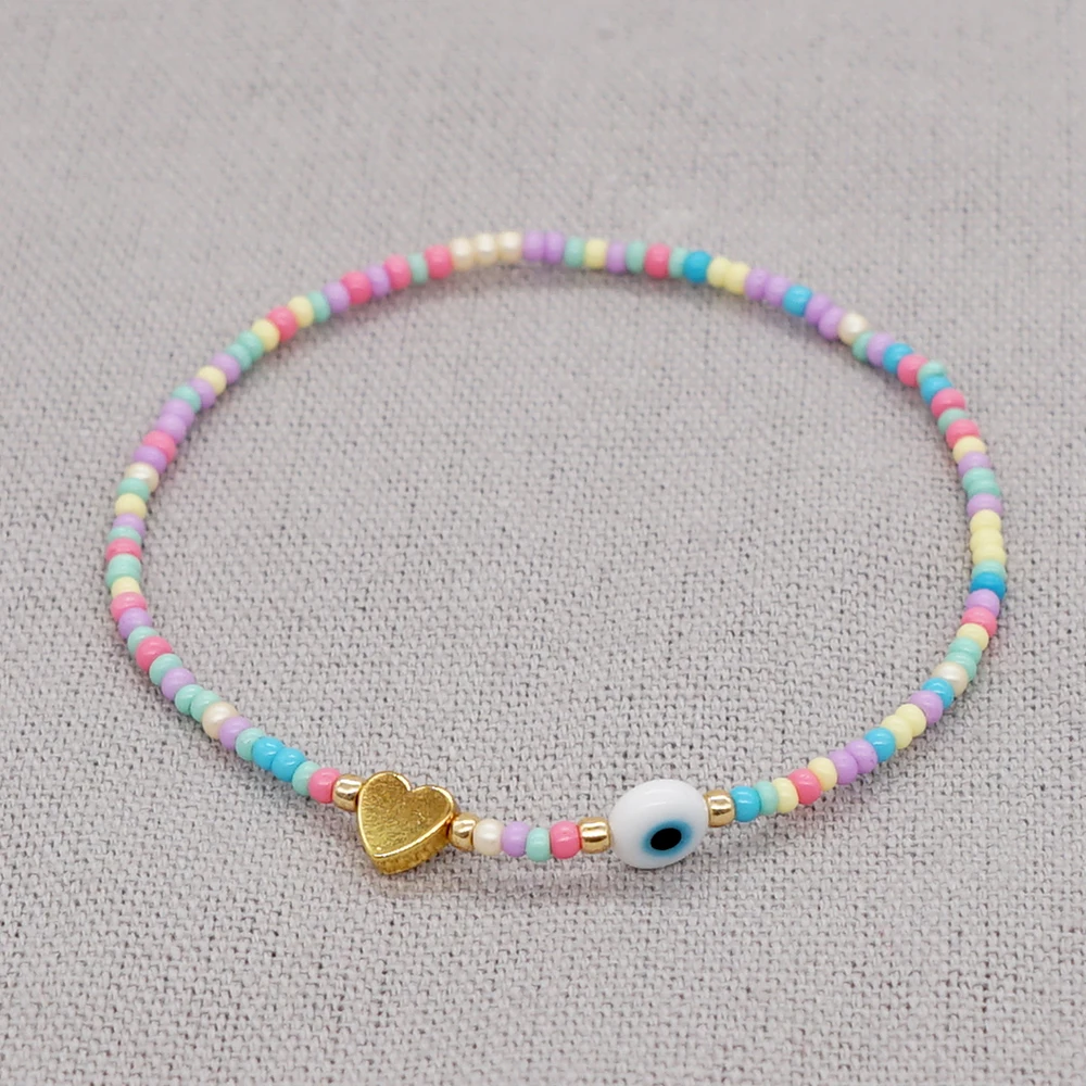 1pc Fashion Jewelry Charm Bracelet Golden Heart White Glazed Evil Eye Colorful Seed Beaded Couple Bracelets for Women Lovers