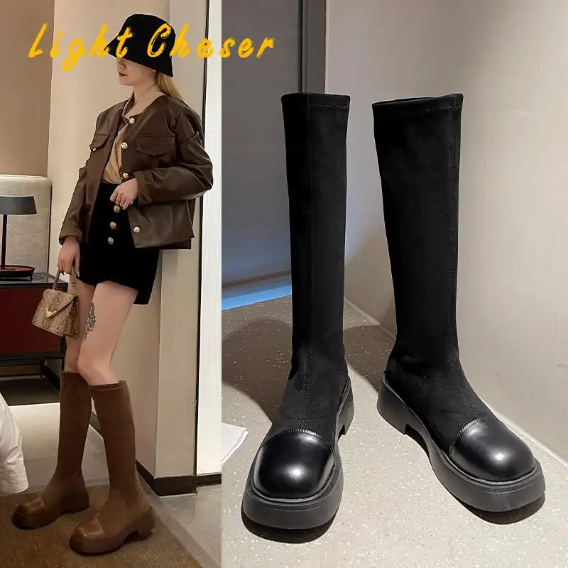 New Women Knee High Boots Leather Warm Boots Thick High Heels Motorcycle Boots Punk Shoes Woman High Boots Elastic Stocking Boot
