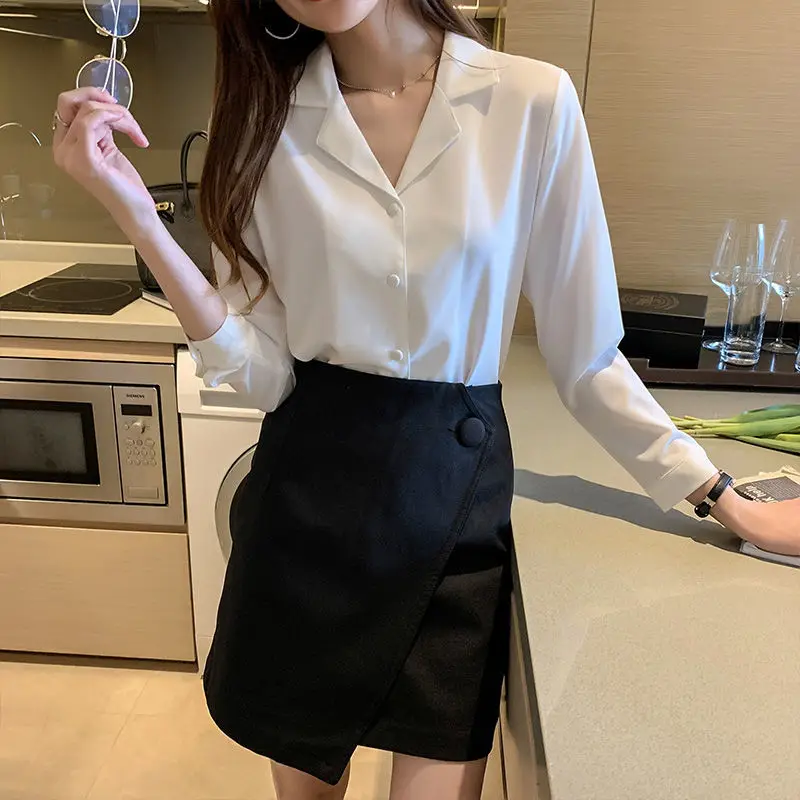 Shirt Women Solid Chiffon Design Autumn Long Sleeves Elegant Casual Korean Style Chic Single Breasted Notched Collar Ladies Hot