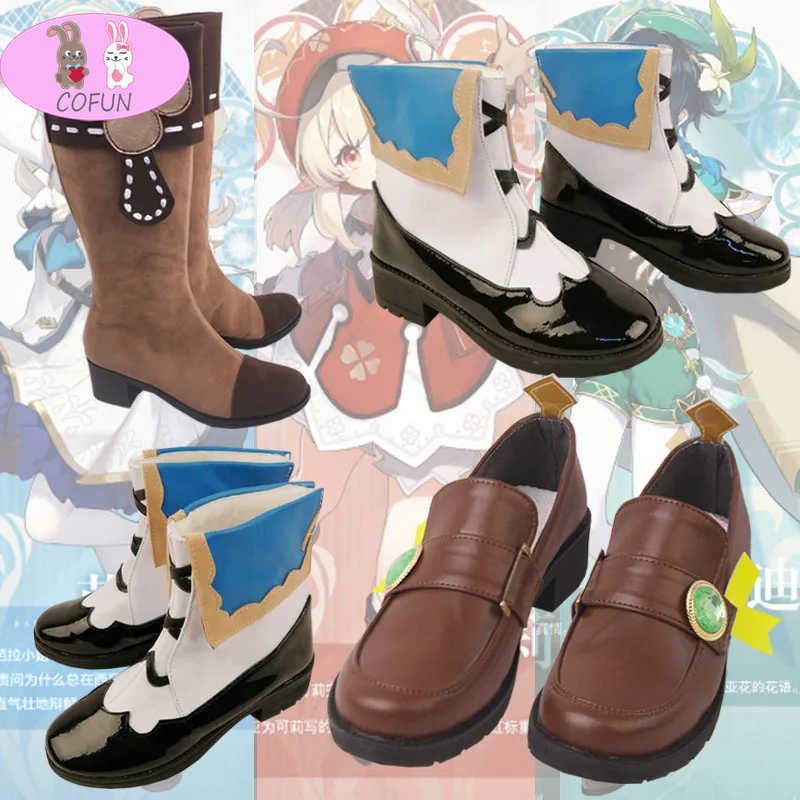 

Genshin Impact Cosplay Shoes Klee Barbara Cosplay Boots Venti Zipper Women Chunky Heel Shoes Round Toe Ladies Knee High Boots