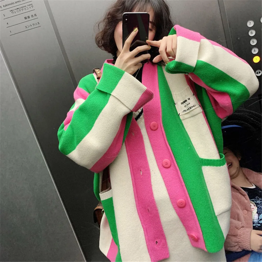 Popular Pink Green Striped Color-block Knitted Cardigan Loose Greek Sorority A Sign Club Sweater Coat For Girl Women