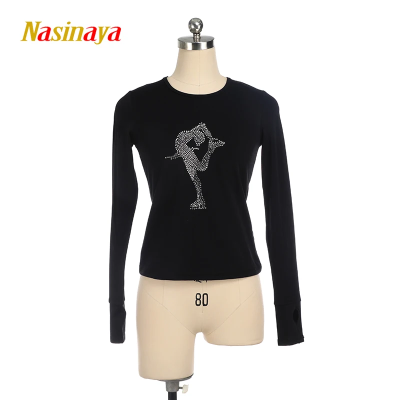 

Women's Figure Skating Competition Training T-shirt Adult Patinaje Rhythmic Gymnastics Black Shiny Crystal Solid