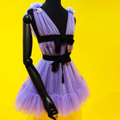 

Chic Sexy Purple Short Tulle Dresses Women Deep V-Neck Mini Dress Ruffled Custom Made Teffeta Cocktail Party Dressing Gown