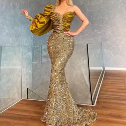 Sparkly Sequined Gold Mermaid Prom Dresses Elegant Satin Puffy Long Sleeve Ruched Evening Gowns Saudi Arabia Formal Party Dress