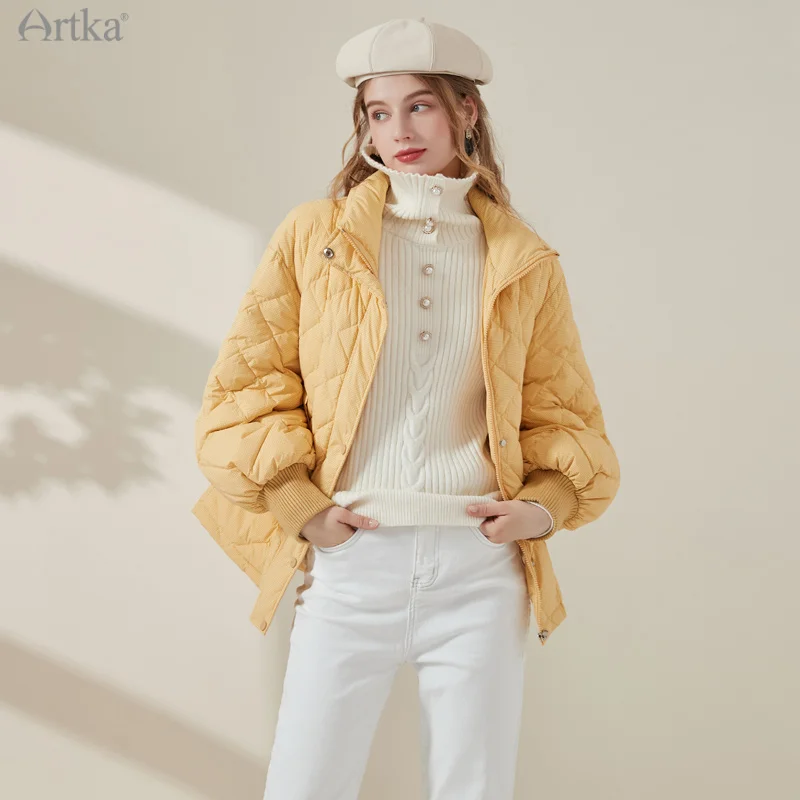 ARTKA 2021 Winter New Women Down Jacket Fashion Houndstooth 90% White Duck Down Coat Loose Warm Down Jacket With Belt ZK20011D