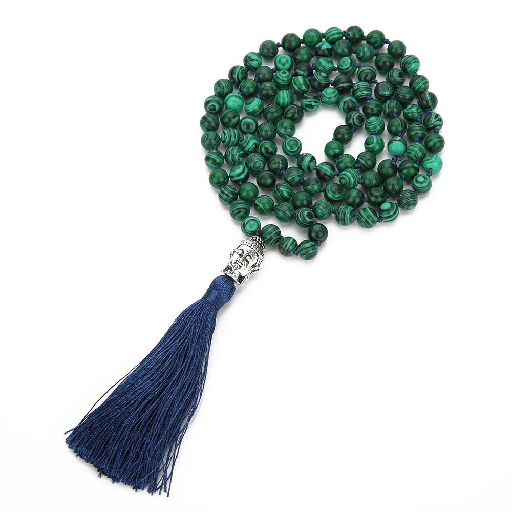 6/8mm collana annodata con perline di Malachite meditazione Yoga benedizione tibetano Buddha testa gioielli 108 ciondolo nappa rosario Japa Mala