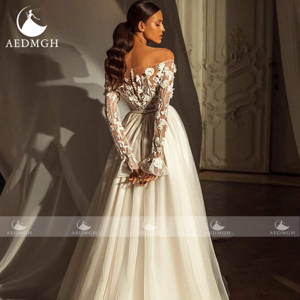 Aedmgh A-Line Romantic 3D Flowers Wedding Dresses Boat Neck Long Sleeve Robe De Mariee Lace Appliques Custom Made Bridal Gown