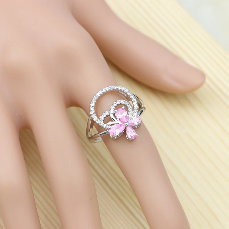 Flower Jewelry Sets For Bride Pink Cubic Zirconia White Crystal 925 Silver Ring Bracelet Necklace Pendant Earrings Sets