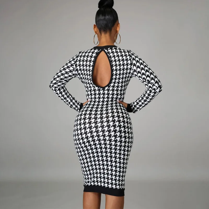 Houndstooth Print Women Long Sleeve Midi Dress Hollow Out Bodycon Sexy Streetwear 2023 Autumn Winter Club Elegant Slim