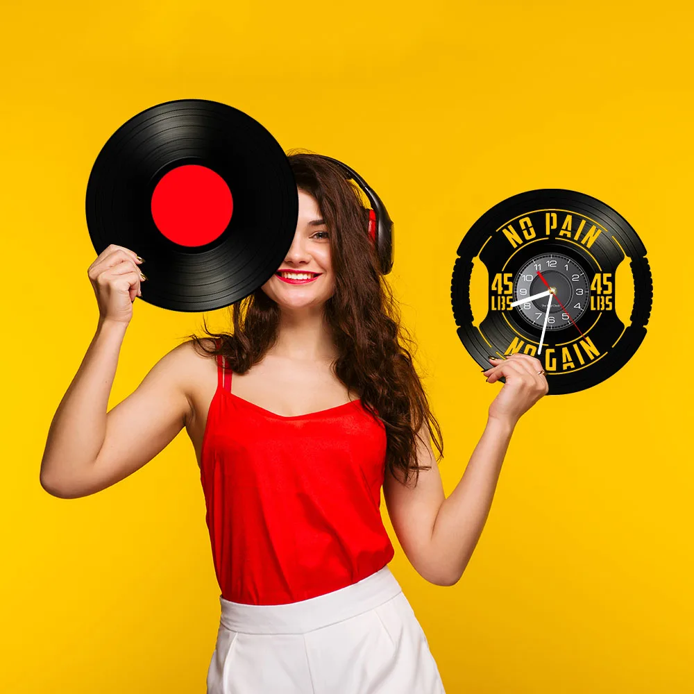 Fitness Gym Sign Weight Plate 45lbs Vinyl LP Record Wall Clock Workout Room Weightlifting Decor Artwork Clock Fitness Gift