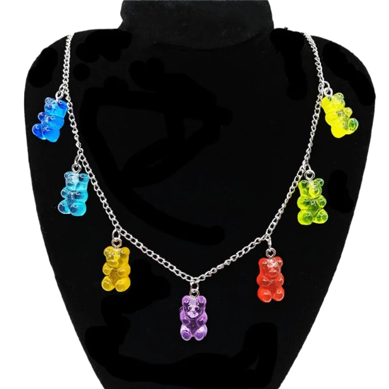 7 Colors Rainbow Cute Jelly Bear Gummy Necklaces for Women Girls Cool Punk Hip Hop Resin Pendant Choker Kids Accessories