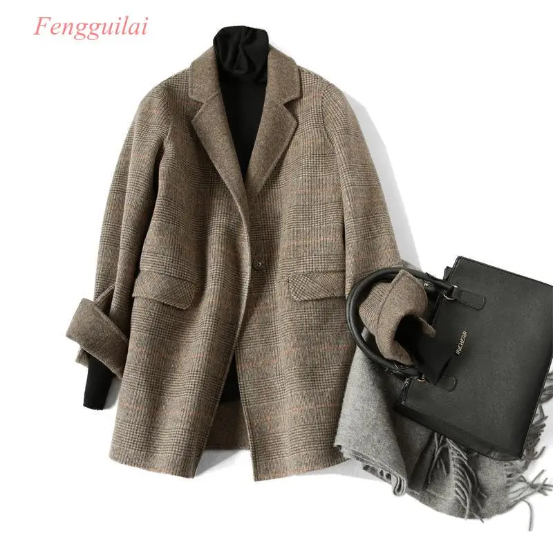 2020  Hand-Stitched Wool Double-Sided Plush Coat Plaid Coat  Single Breasted  Casual  Cashmere  Wool Coat Women Female