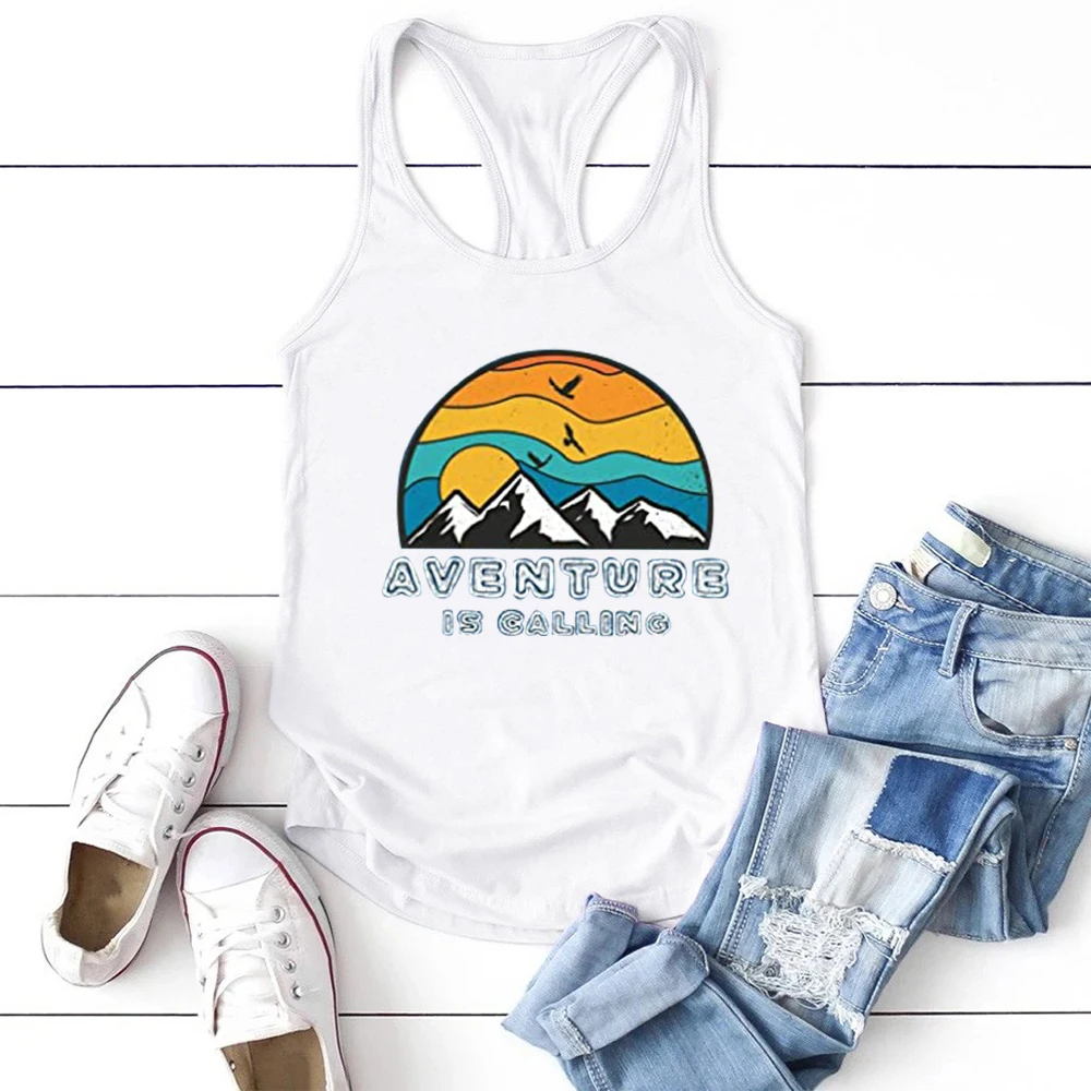 Funny Summer Woman Tank Tops Round Neck Loose Plus Size Vest for Female Aventure Is Calling Printed Women  Top Sleeveless