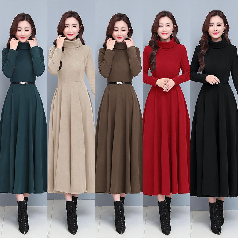 Autumn Winter Flannel Thick Warm Maxi Dress Women Black Korean Vintage Party Vestidos 2024 New Elegant Bodycon Turtleneck Dress