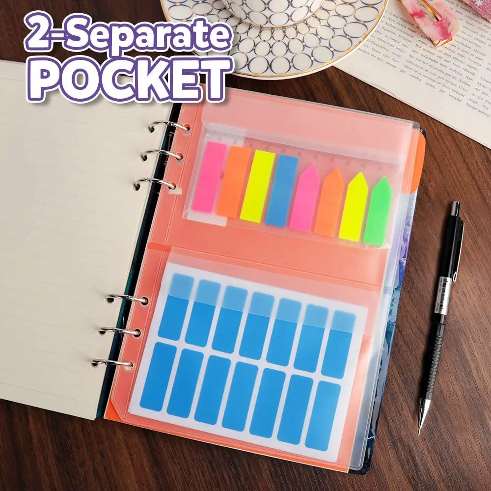 A5 6 Ring Binder Pockets(3 Types)- 6pcs Zip Lock Envelope and 2-Pocket Binder Bag and 3-Separate Pocket for Filofax Organizer