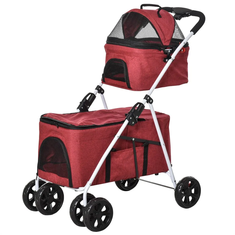 PawHut removable foldable pet stroller with 2 tier swivel wheels brakes window dogs cats 82x48x100cm red