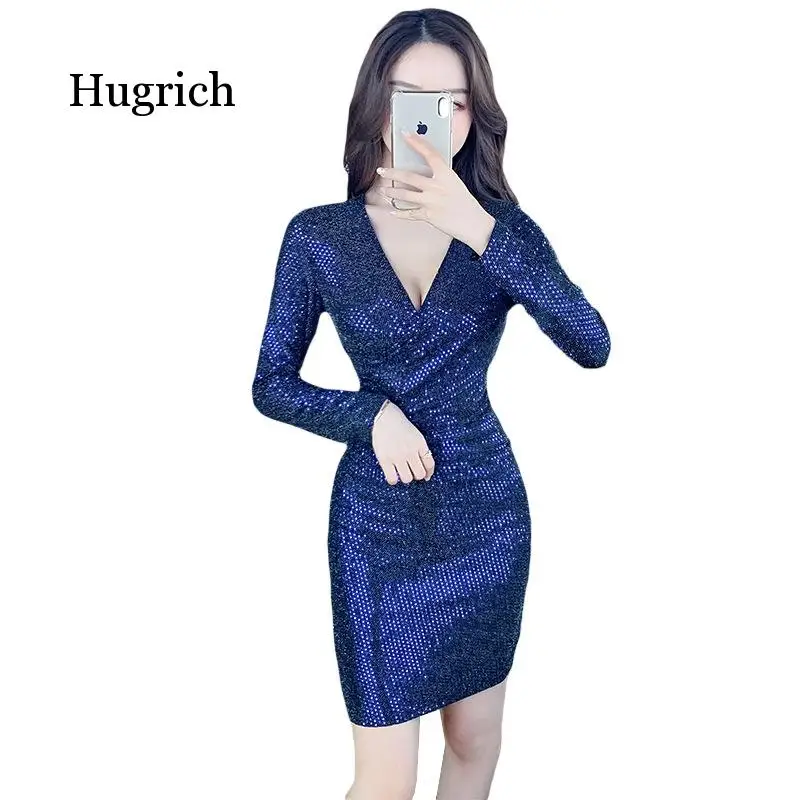 Autumn and Winter New Sexy High Stretch Sequin Wrap Long Sleeve Dress